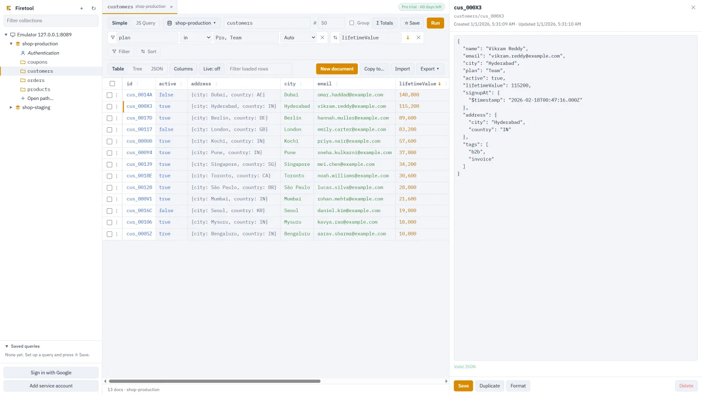A customers collection filtered by plan in Firetool