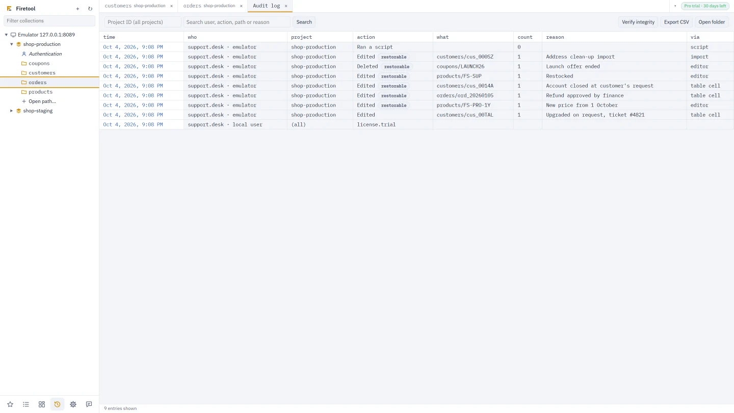 The audit log listing changes with who made them, the reason, and which can be restored