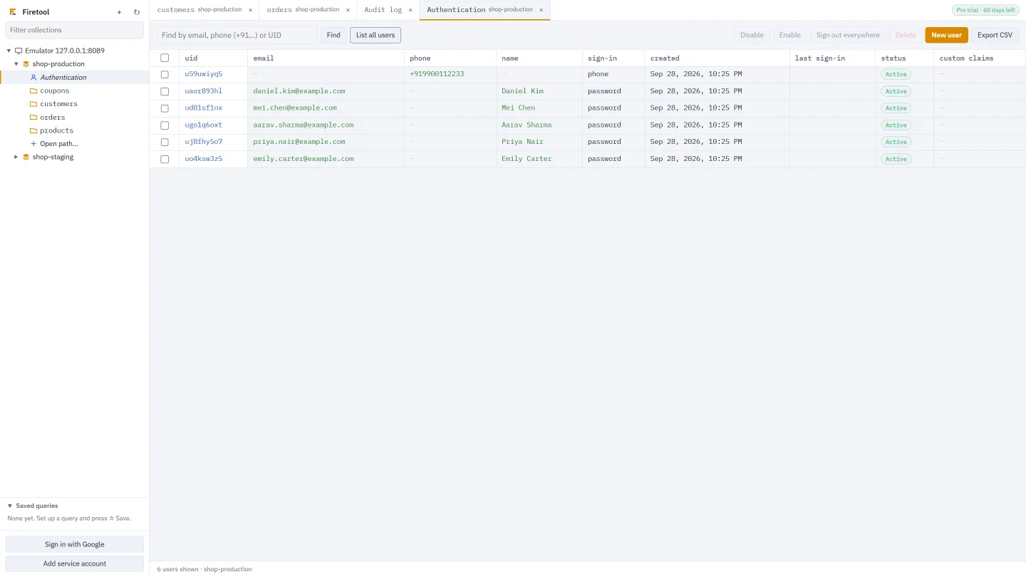 The Authentication panel listing users with their providers and status