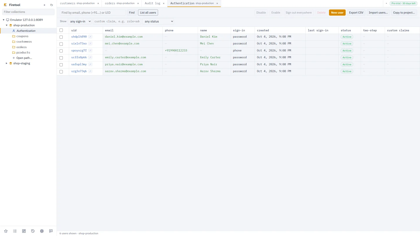 The Authentication panel listing users with their providers and status