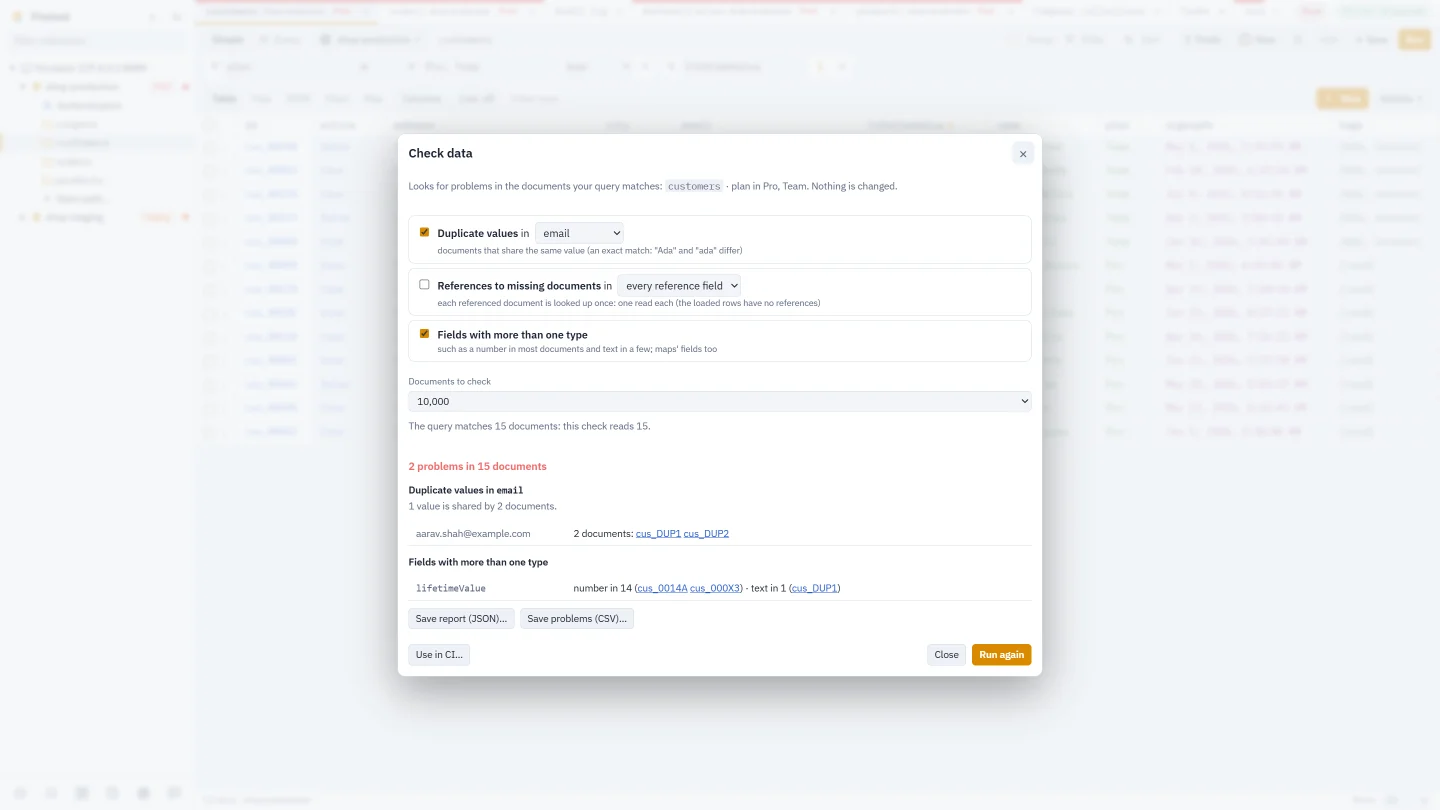 Check data in Firetool: 2 problems in 15 customers, an email shared by two documents and a lifetime value stored as text in one