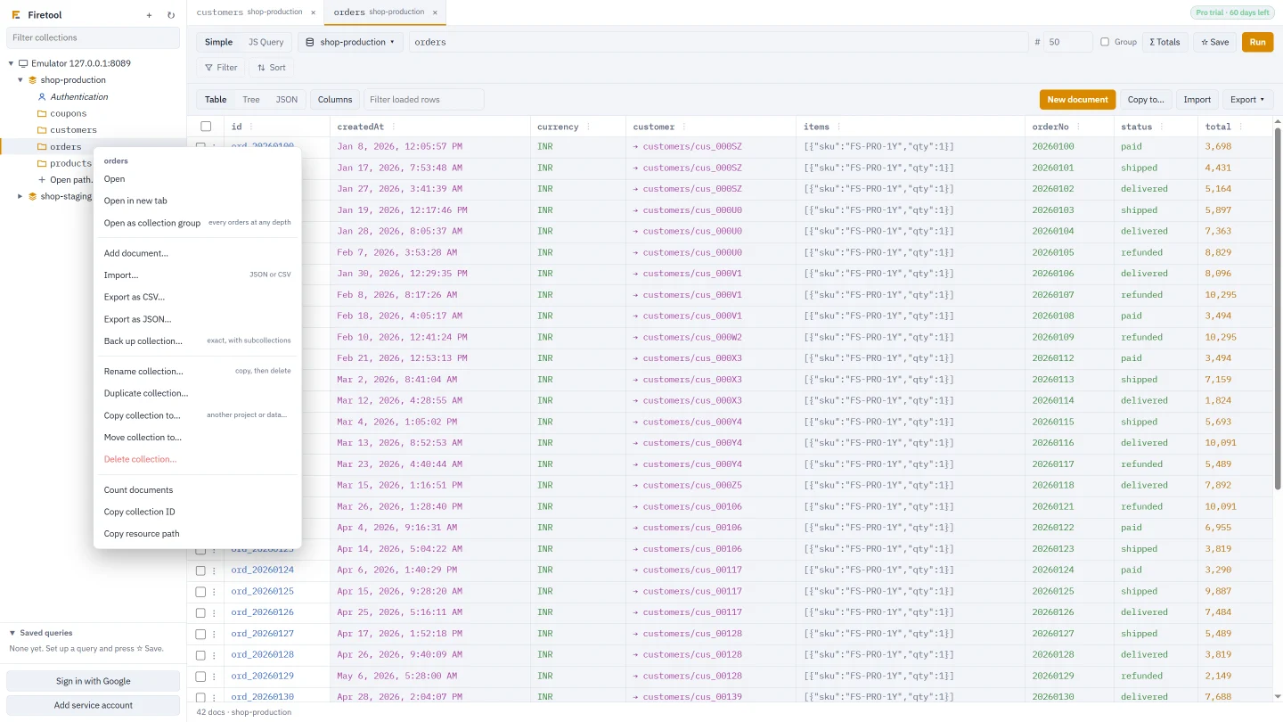 The collection menu with Back up, Copy, Move, Duplicate, Rename and Delete