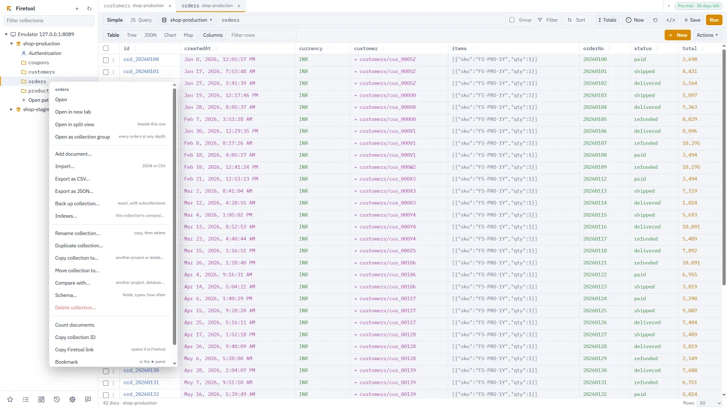 The collection menu with Back up, Copy, Move, Duplicate, Rename and Delete