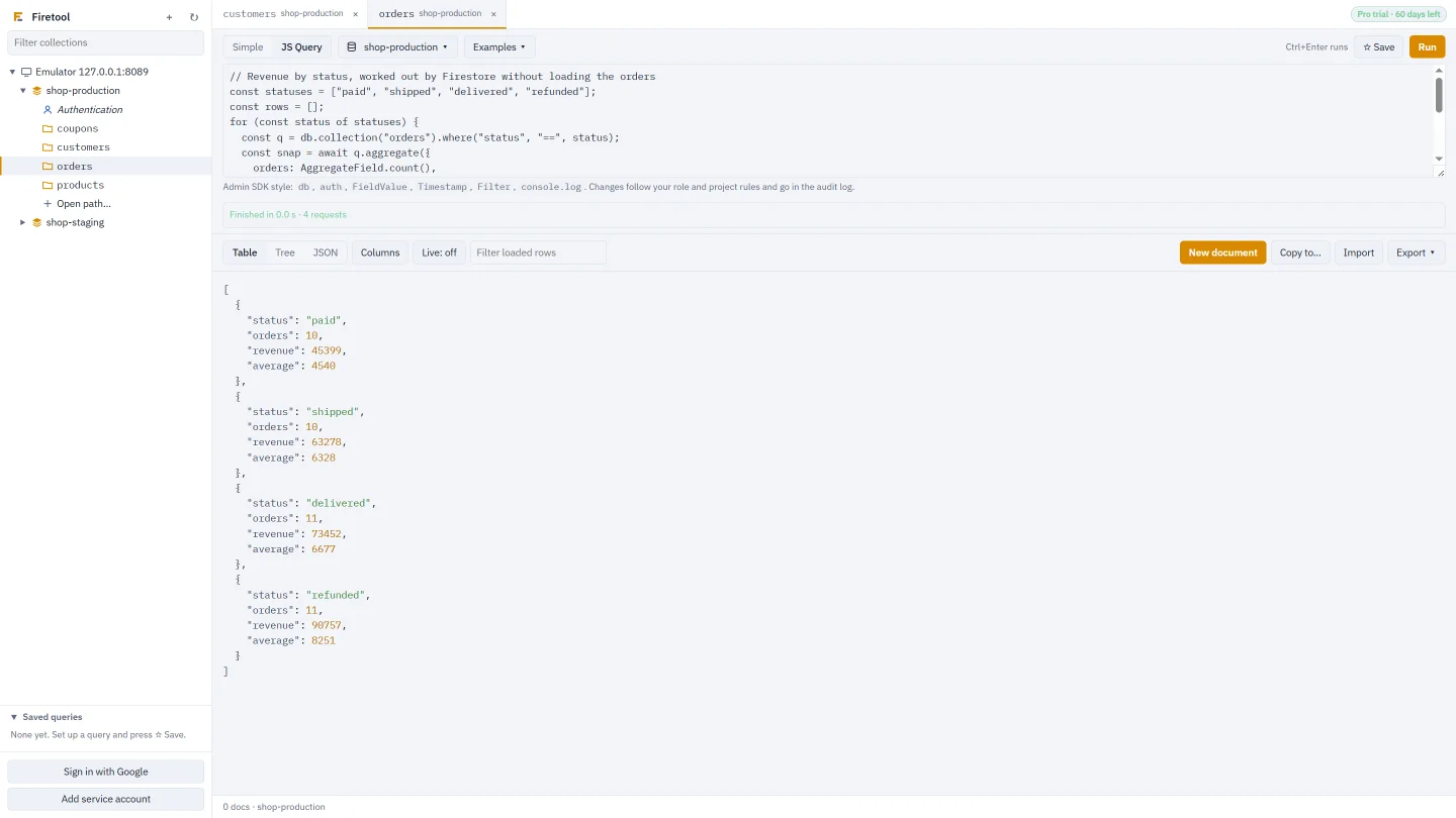 A JS query counting orders by status, with the result as a table
