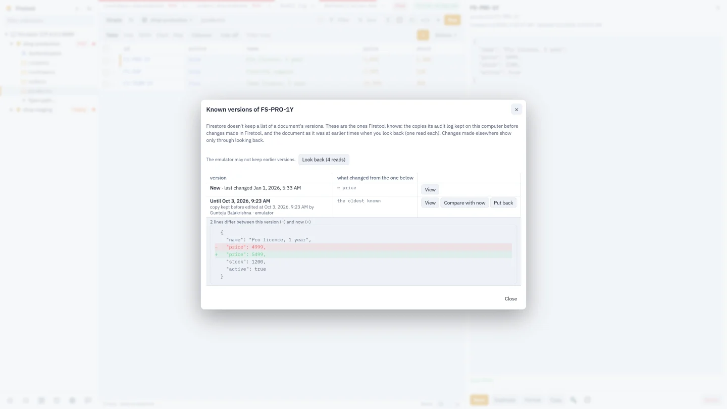 Known versions of a document in Firetool: now, copies kept by the audit log before changes, and earlier times read with Look back, each with the fields that changed