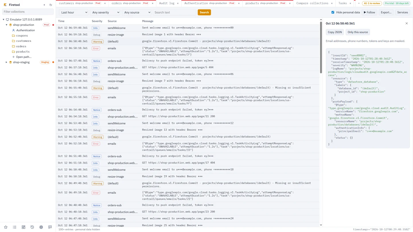 Logs: the last hour's entries with severity, source and message, email addresses and tokens masked, and one entry open as JSON