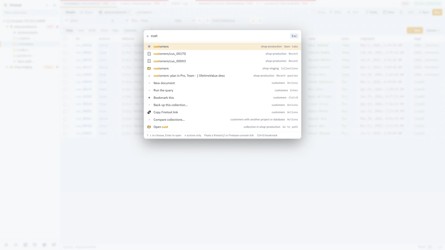 The command palette in Firetool, with cust typed: the customers tab, recent customer documents, the staging collection, a recent query and actions for the collection