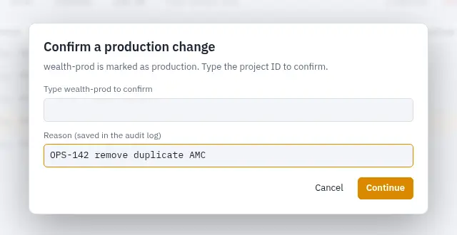 Dialog asking to type the project ID and give a reason before deleting from production