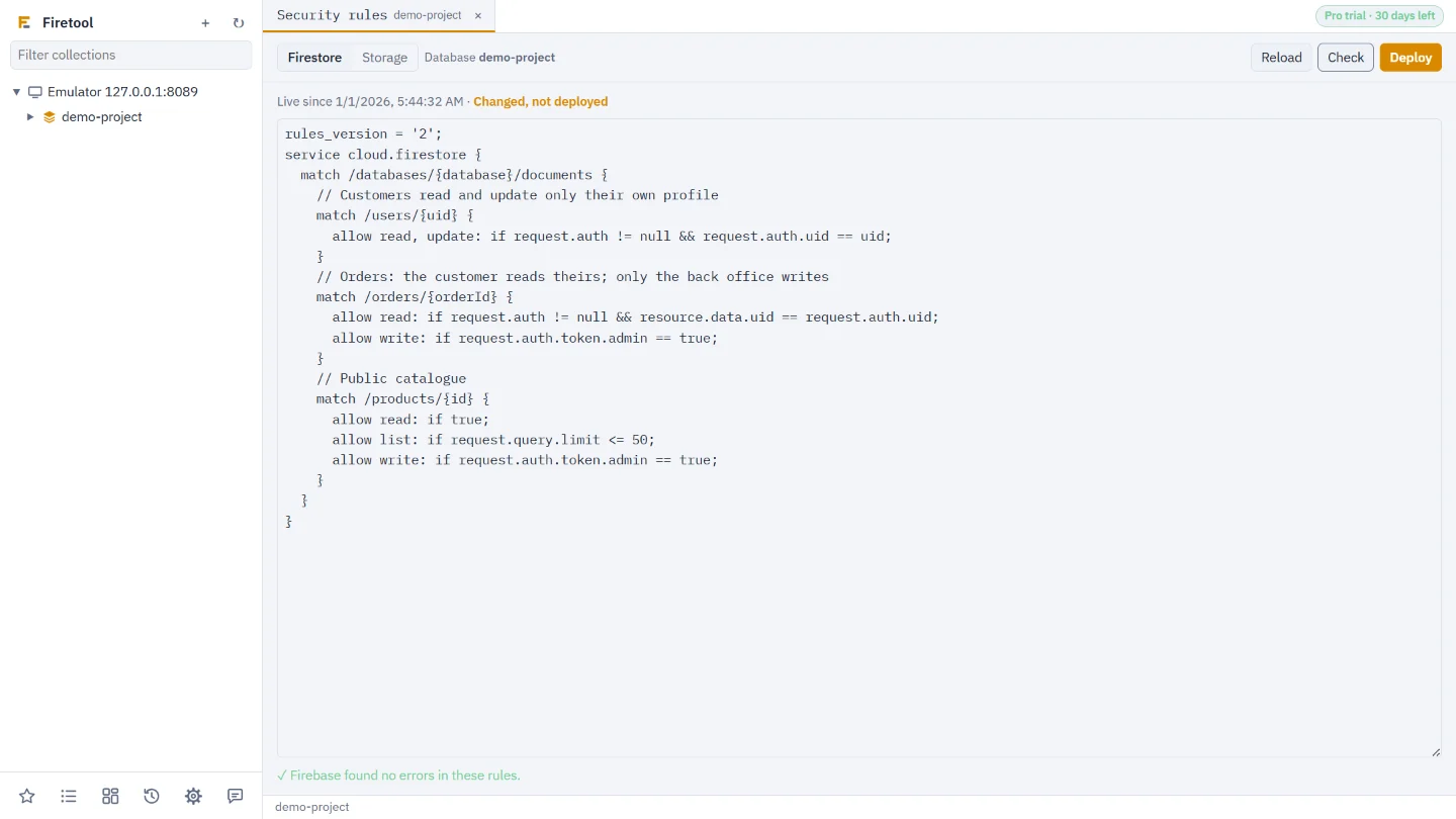 The security rules editor in Firetool with Firestore rules for users, orders and products, and the message that Firebase found no errors