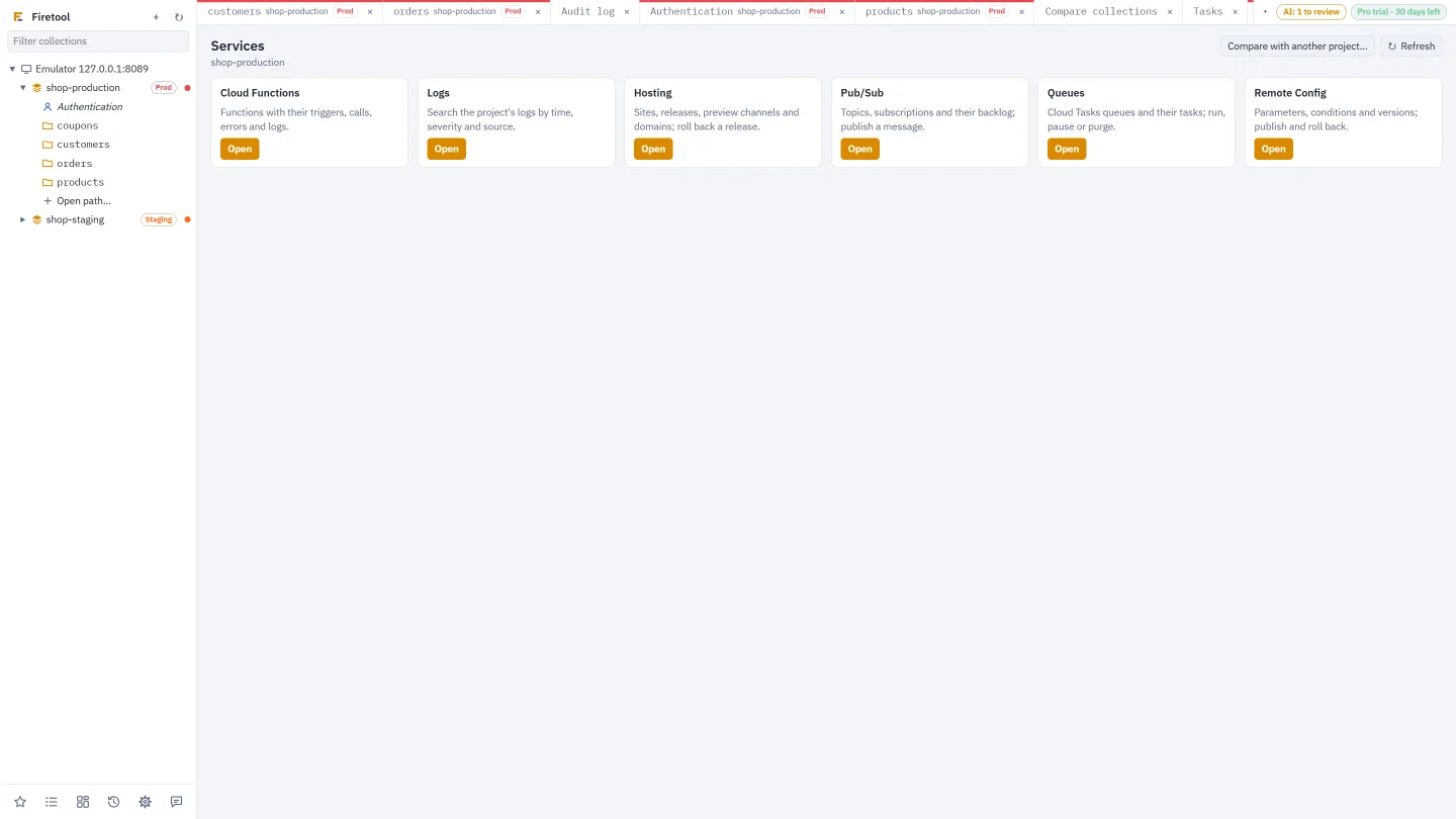 The Services page of a project: cards for Cloud Functions, Logs, Hosting, Pub/Sub, Queues and Remote Config, each with Open