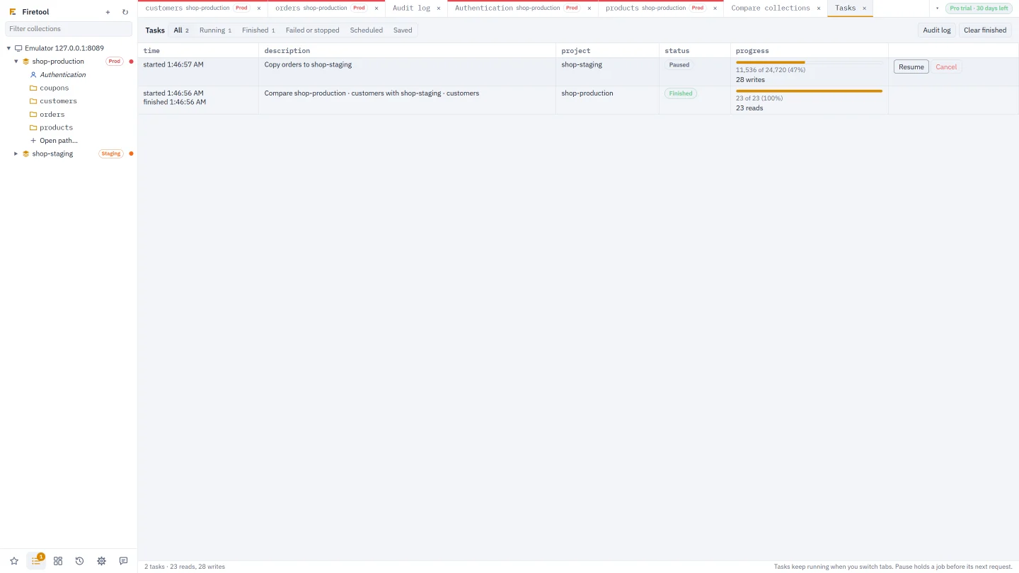 Tasks in Firetool: a copy to shop-staging paused at 47% with Resume and Cancel, and a finished comparison