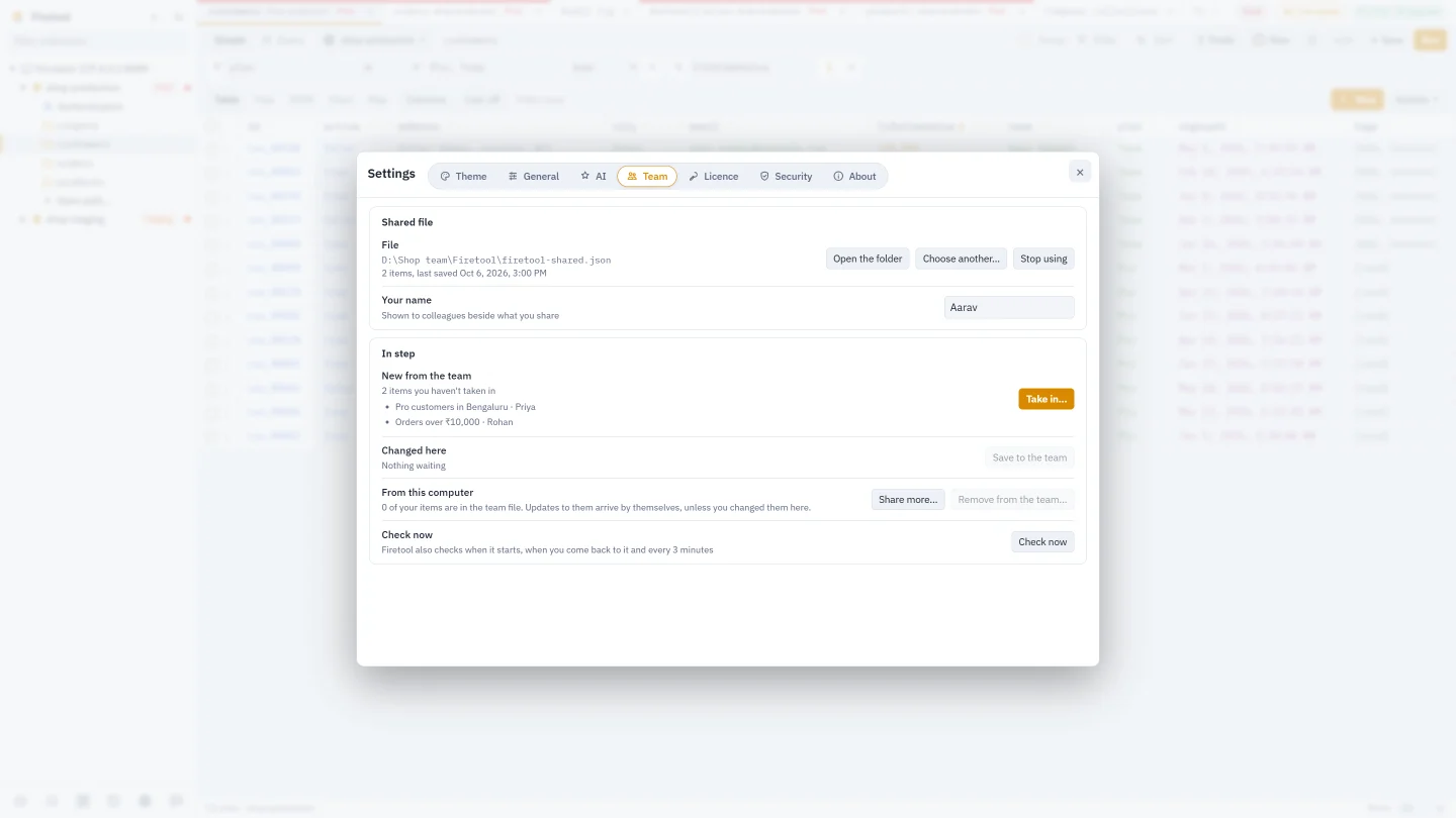 Settings, Team in Firetool: the team's shared file, your name, and two saved queries from colleagues waiting under New from the team