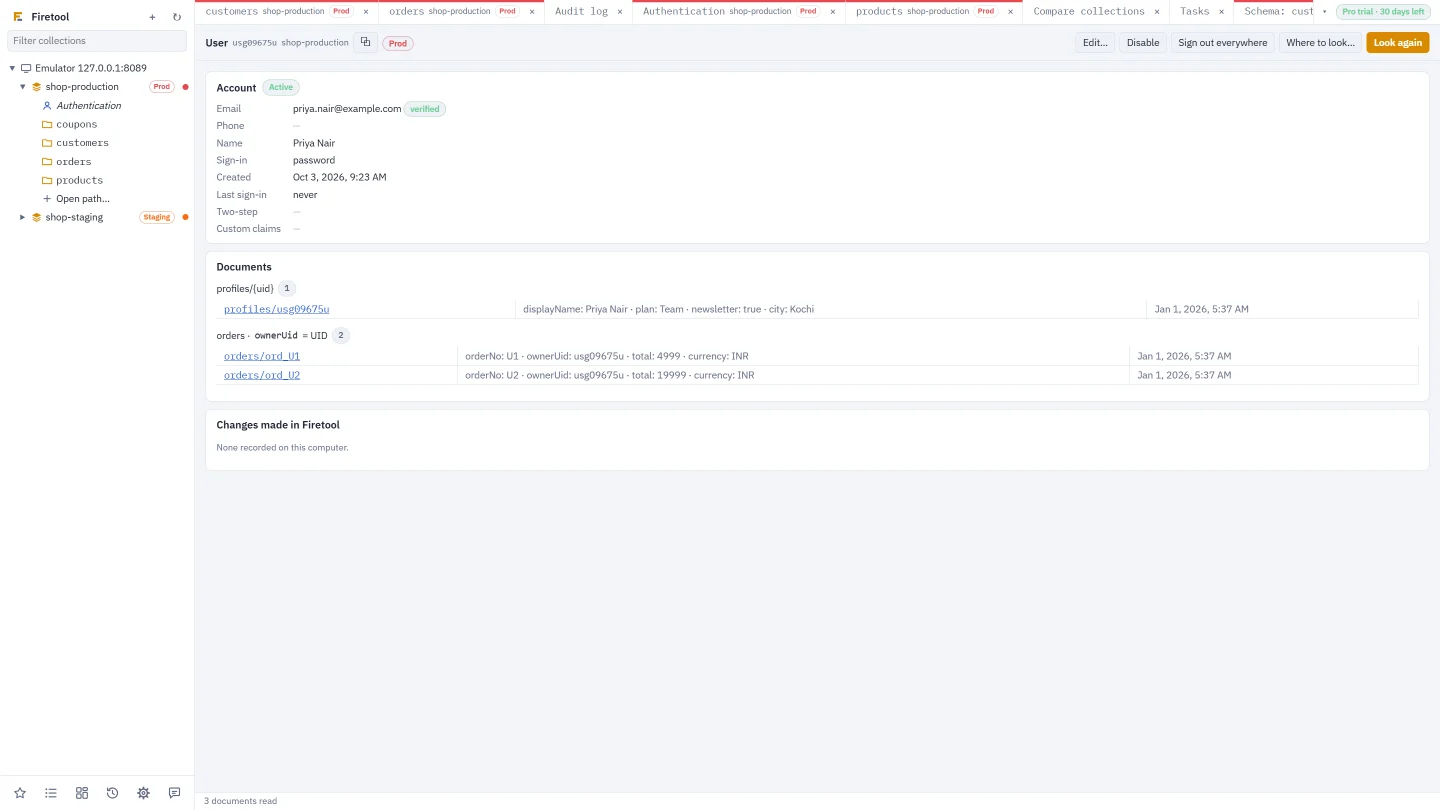 A user's page in Firetool: the account details, the documents that hold the user's UID, their Storage files and the changes made in Firetool